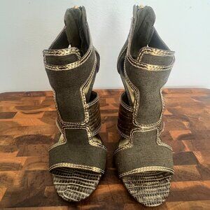 $395 Tory Burch Olive Croc & Gold Trim Gold Heels Size 6 Authentic Worn Once